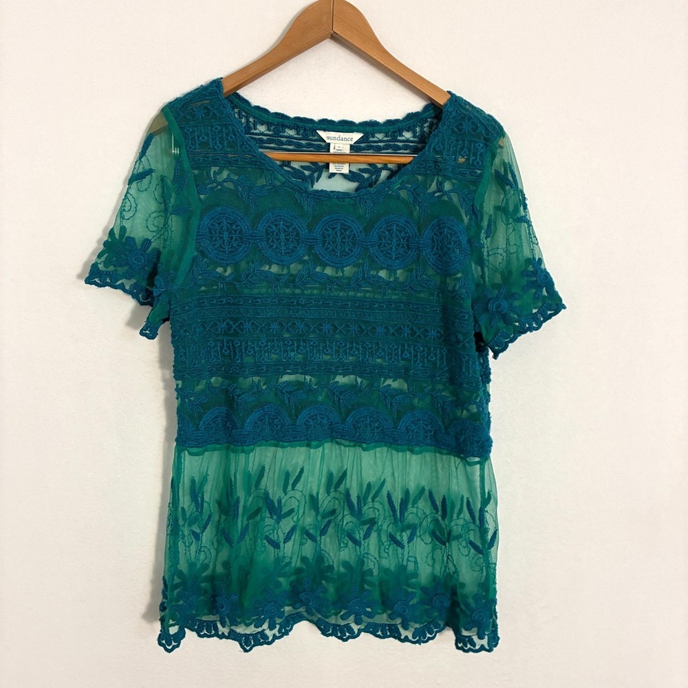 Sundance Teal Lace-Overlay Button Down Blouse